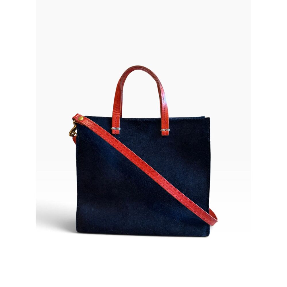 Clare V. Petit Simple Tote Navy Suede Red Leather Handles